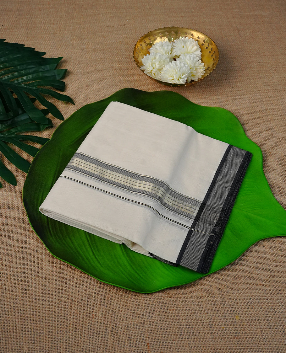 Cream  Colour Cotton Double Dhoti Finished With A Classic Grey & Light Gold Kara