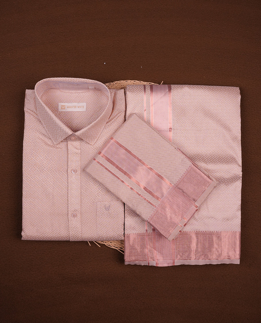 Light copper colour MINISTER WHITE shirt paired with a matching dhoti, finishing with a copper border