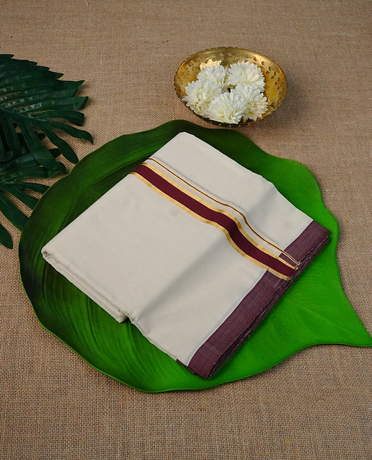 Cream Colour Cotton Double Dhoti Finished With Maroon & Gold kara.