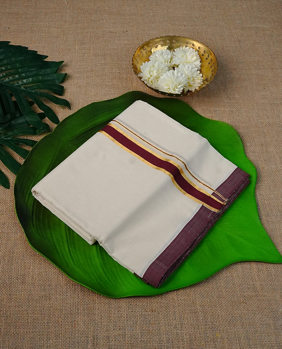 Cream Colour Cotton Double Dhoti Finished With Maroon & Gold kara.