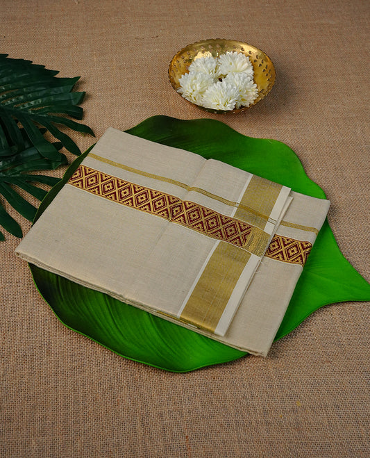 Cream Colour Tissue Double Dhoti Finished With A Classic Golden Zari Kara with Maroon colour digital print