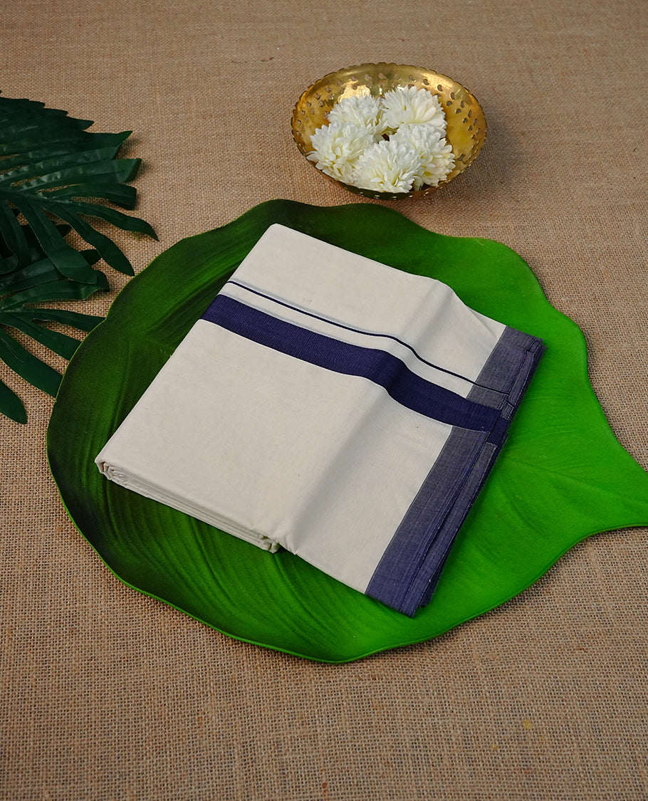 Cream Colour Cotton Double Dhoti Finished With A Classic Body , A Navy Blue Kara