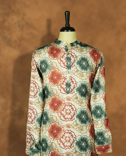 Ivory color with floral print kurti with band collar and button-down front, designed in a straight longline fit with full sleeves