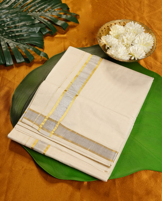 Cream Colour Pure Cotton double Dhoti with Silver and gold Colour Border for Men