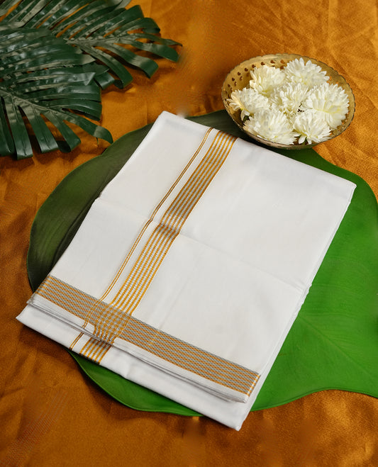 White Colour RAMRAJ Pure Cotton double Dhoti with Gold and Silver Colour Border for Men