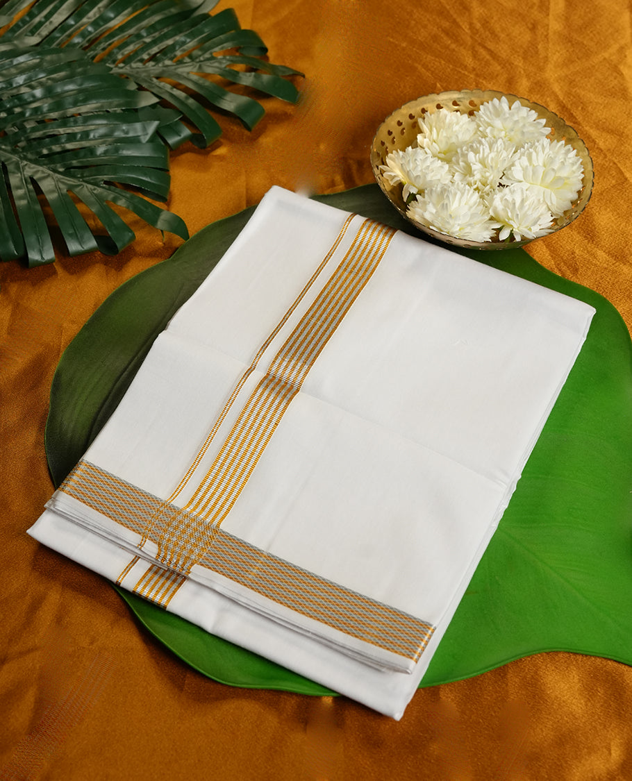 White Colour RAMRAJ Pure Cotton double Dhoti with Gold and Silver Colour Border for Men