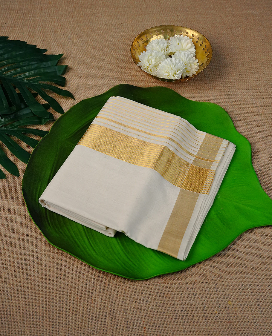 Cream colour Cotton Double dhoti featuring plain with Light Gold  kara.