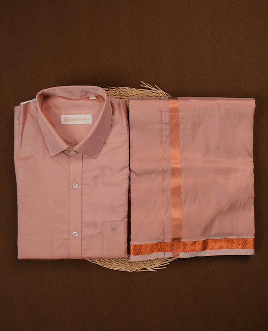 Dark copper colour MINISTER WHITE shirt paired with a matching dhoti, finishing with a copper border