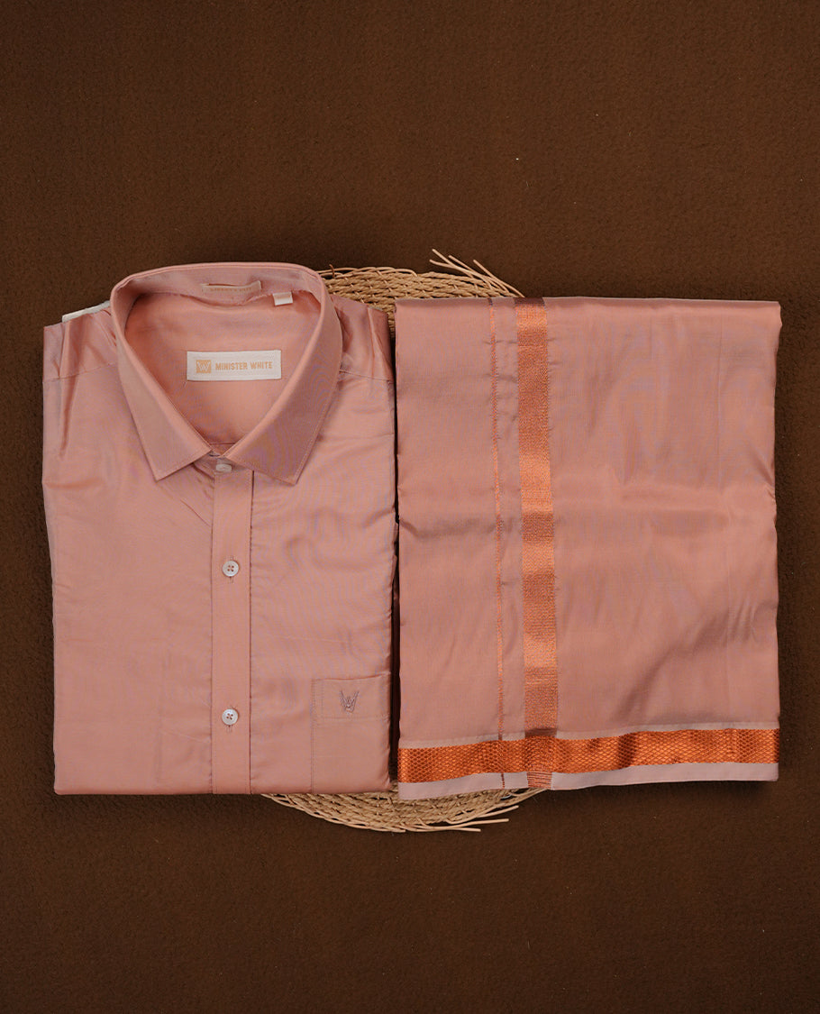Dark copper colour MINISTER WHITE shirt paired with a matching dhoti, finishing with a copper border