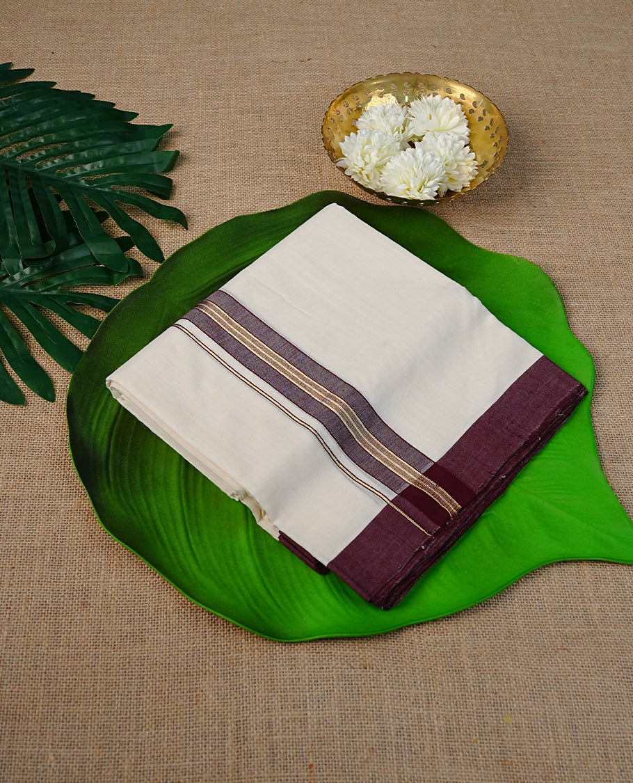 Cream colour Cotton Double dhoti featuring plain with Brown &  Gold kara.