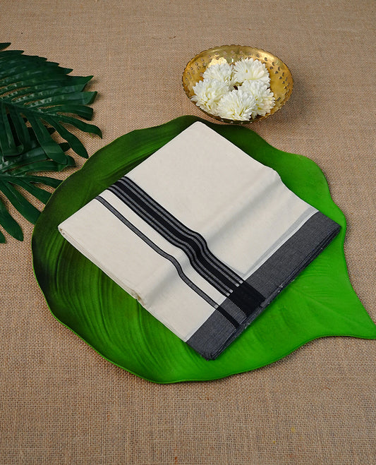 Cream Colour Cotton Double Dhoti Finished With A Classic Body , A Black & Grey Kara