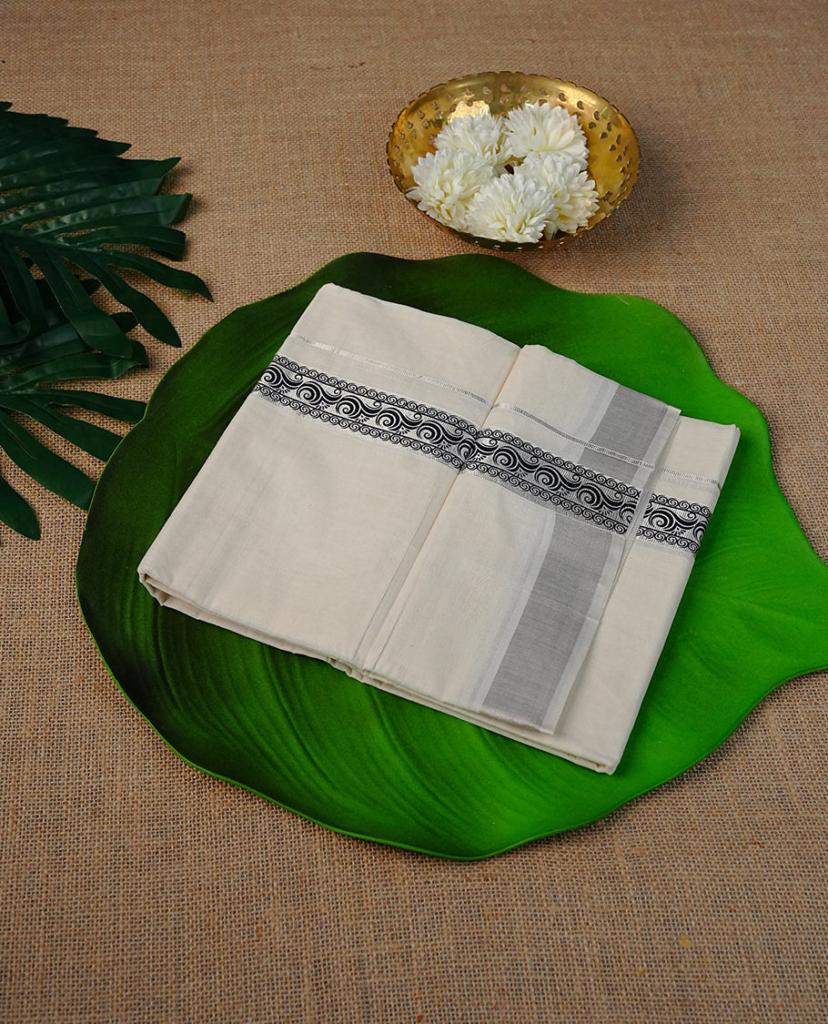 Cream Colour Cotton Double Dhoti Finished With A Classic Body , A  Light Gold  & Black Printed Kara