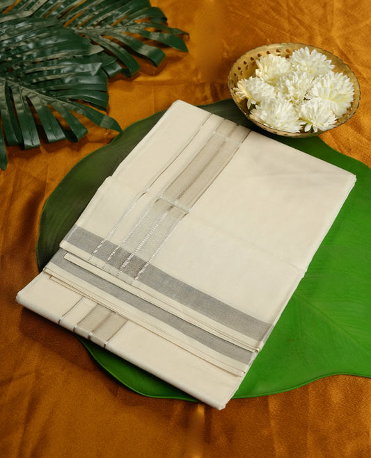Cream Colour Pure Cotton double Dhoti with silver Colour Border for Men