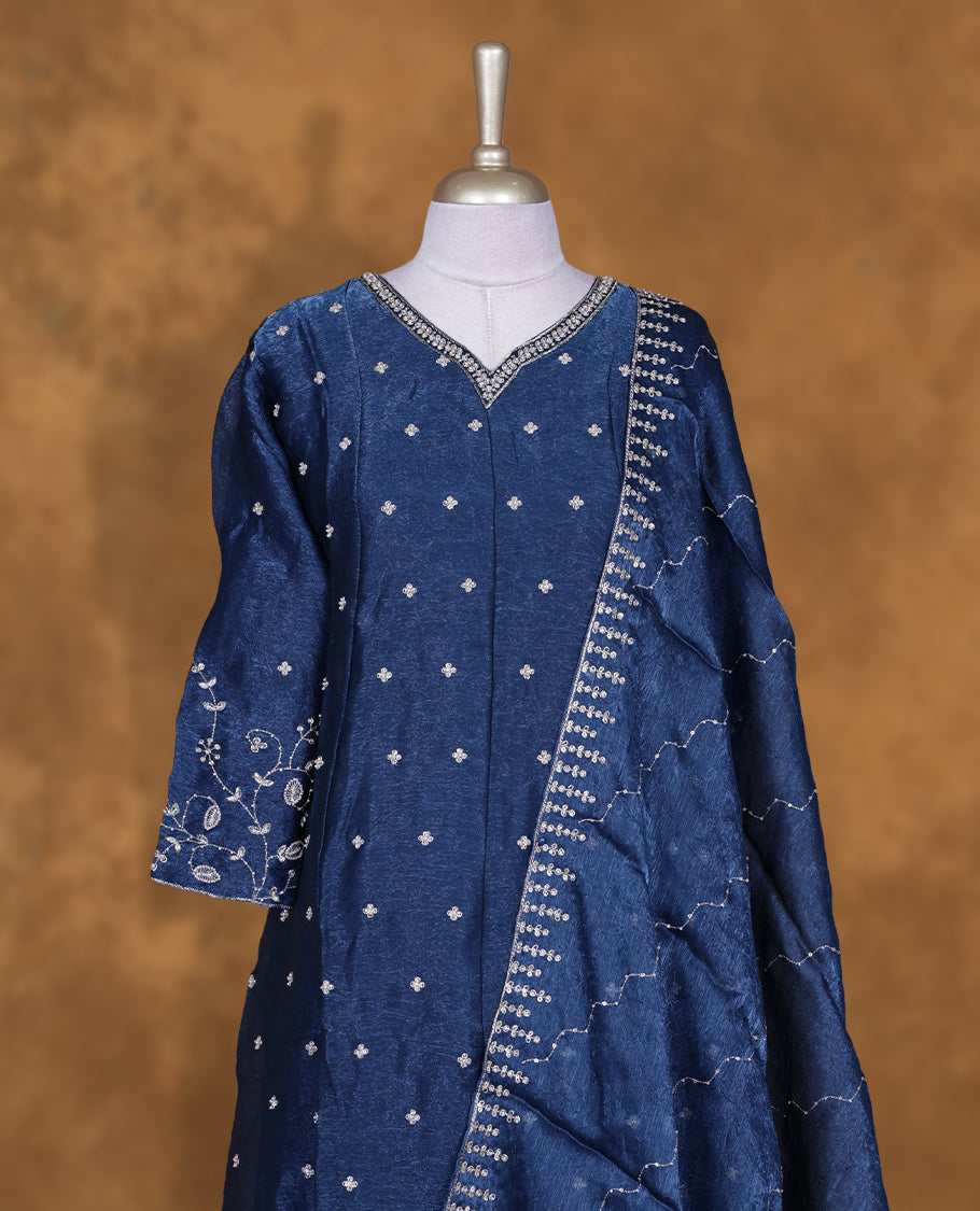 Blue colour churidar set featuring thread and embroidered and beats pattern neckline, sleeves, and thread embroidery on body , Paired with a matching dupatta