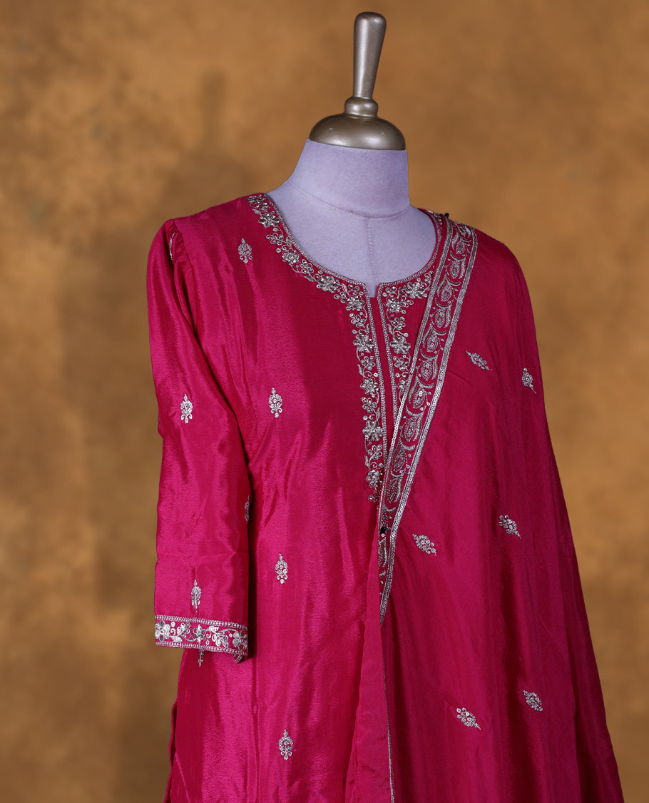 Rani pink colour sharara set featuring gold thread and beats embroidered neckline, sleeves, and thread embroidery on body , Paired with a matching dupatta