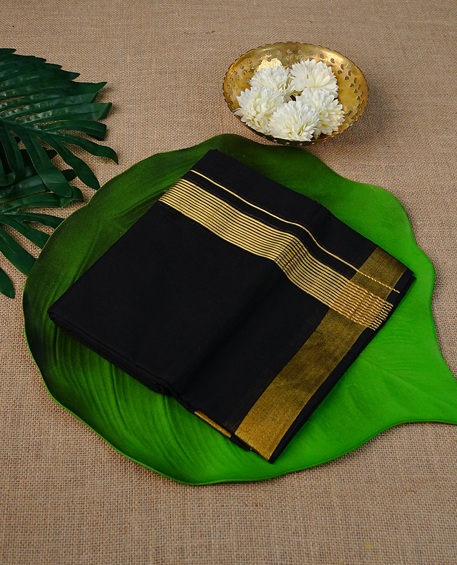 Black Colour Cotton Double Dhoti Finished With A Classic Body ,Featuring Gold Striped Kara