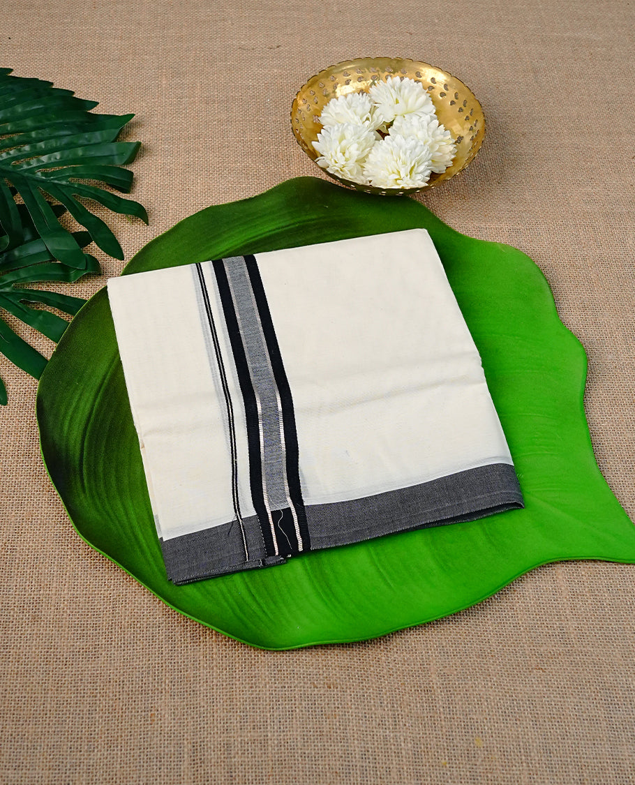 Cream  Colour Cotton Double Dhoti Finished With A Classic Body and Black , Grey & Rose Gold  Kara