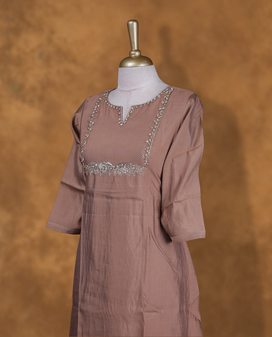 Nude brown colour coord set featuring beats and thread across neckline and matching bottom pant.