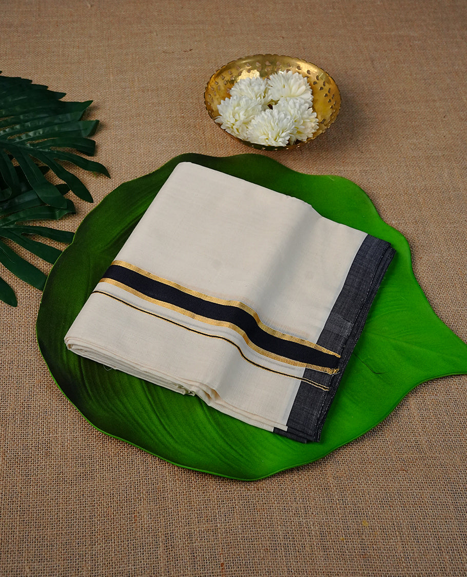 Cream  Colour Cotton Double Dhoti Finished With A Classic Black & Gold Kara