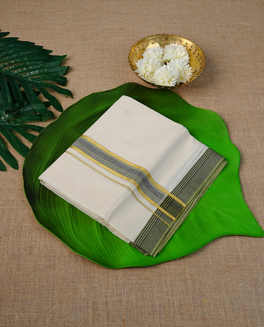 Cream Colour Cotton Double Dhoti Finished With A Classic Body ,Featuring Olive & Gold Kara