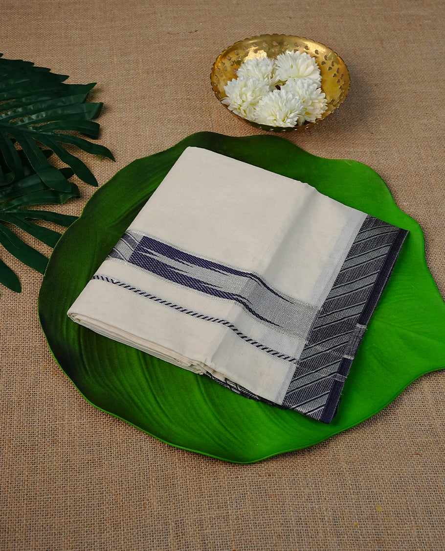 Cream Colour Cotton Double Dhoti Finished With A Classic Body , Navy Blue Strips On Silver Zari Kara