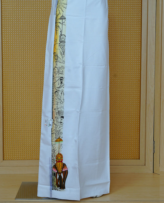 Off White Colour Cotton Double Dhoti Finished With Kerala Festival Printed kara.