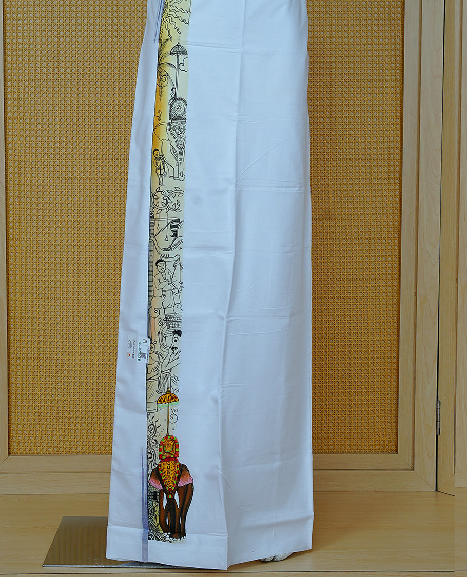 Off White Colour Cotton Double Dhoti Finished With Kerala Festival Printed kara.