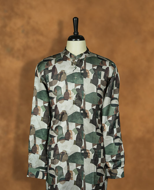Olive-brown camouflage print shirt-style kurti with band collar and full button-down front, designed in a straight longline fit with full sleeves.