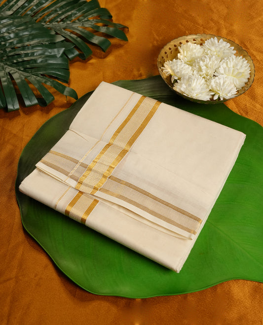 Cream Colour Pure Cotton double Dhoti with Gold Colour  Border for Men