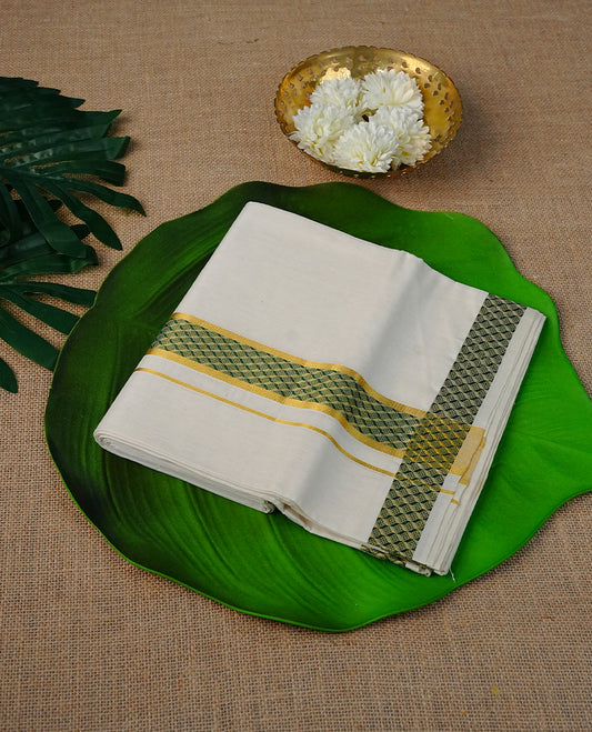 Cream Colour Cotton Double Dhoti Finished With Green & Gold kara.