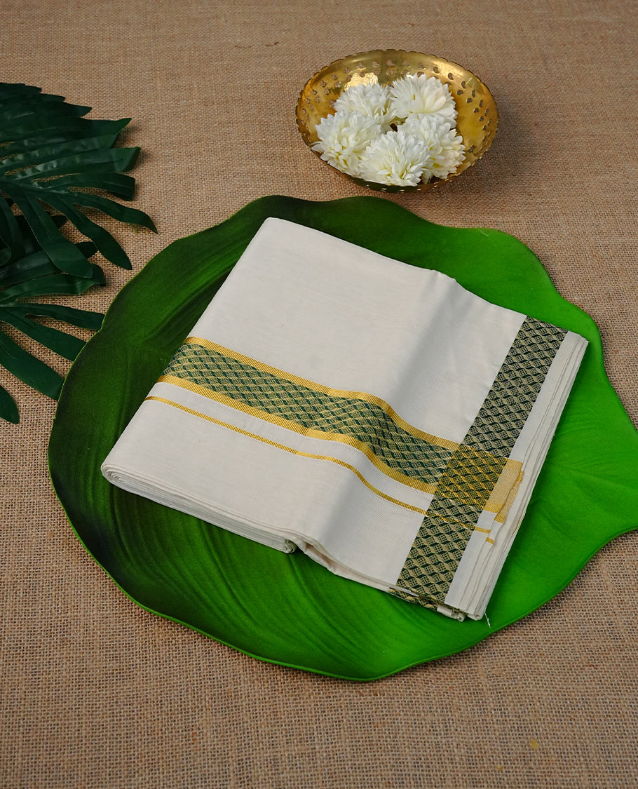 Cream Colour Cotton Double Dhoti Finished With Green & Gold kara.