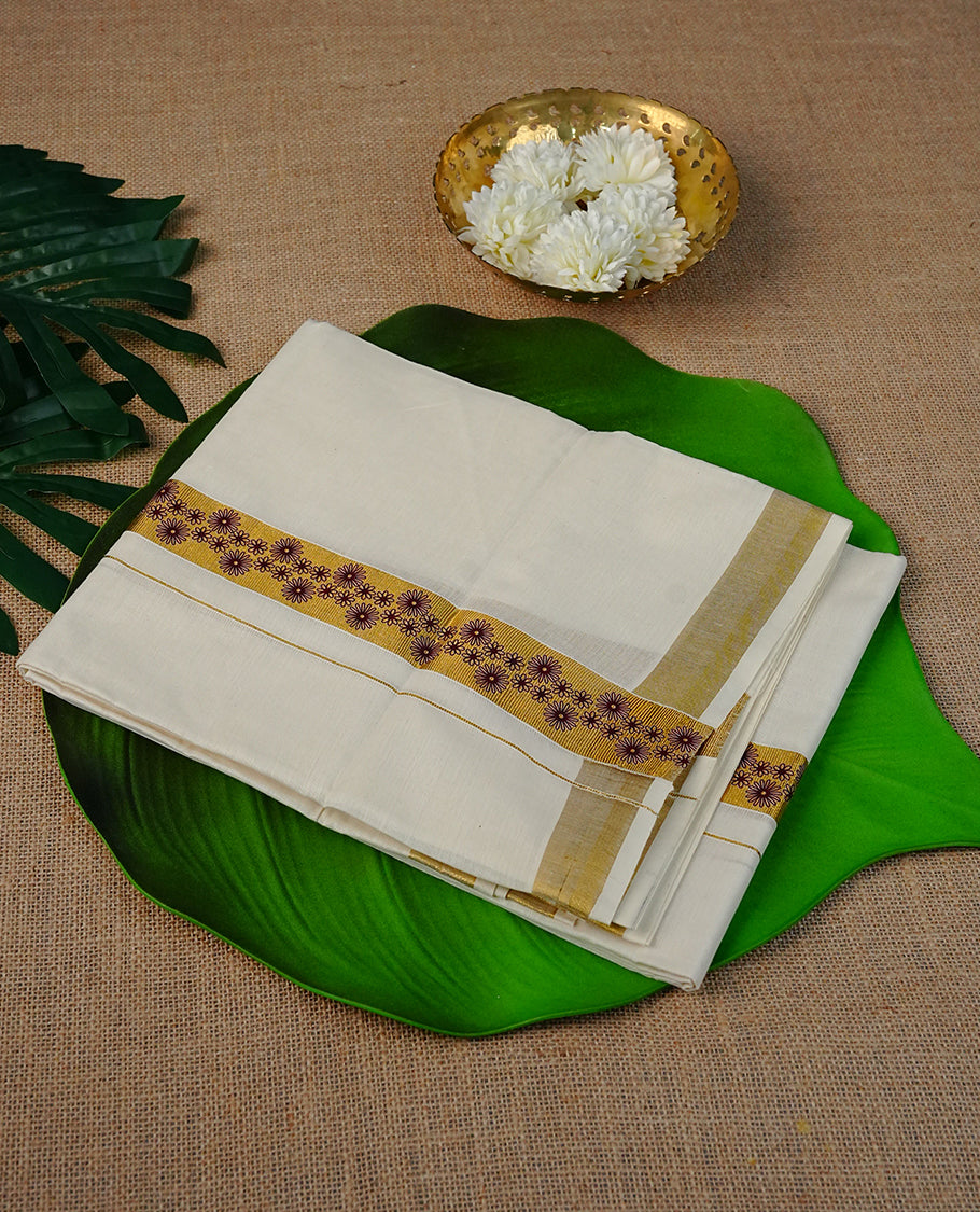 Cream Colour Cotton Double Dhoti Finished With Maroon Floral Prints On Gold kara.