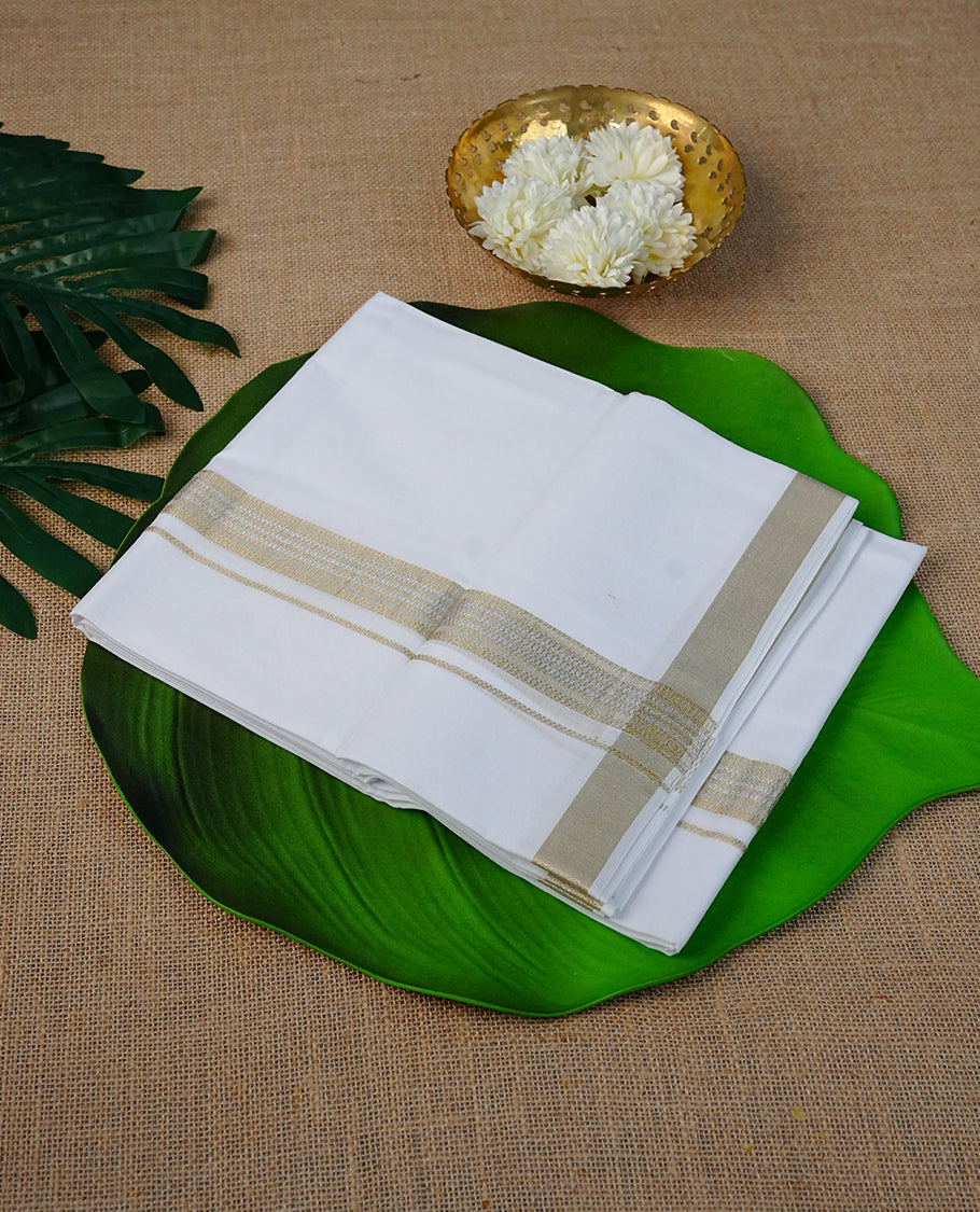 White Colour Cotton Double Dhoti Finished With A Classic Body ,Gold & Silver Zari  Kara