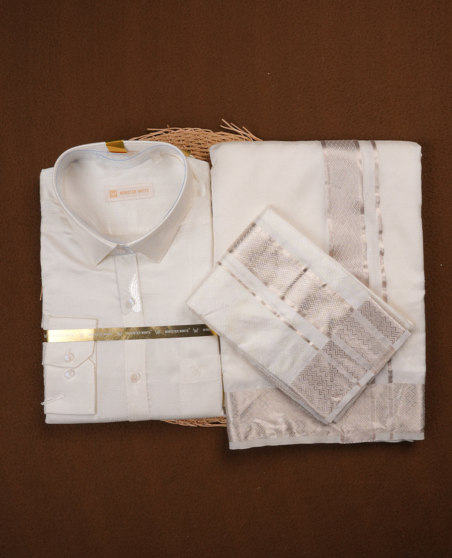 Half white colour MINISTER WHITE shirt paired with a matching dhoti, finishing with a silver border