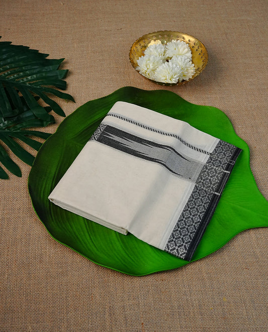 Cream colour cotton double dhoti with plain with Black & silver Zari designed border