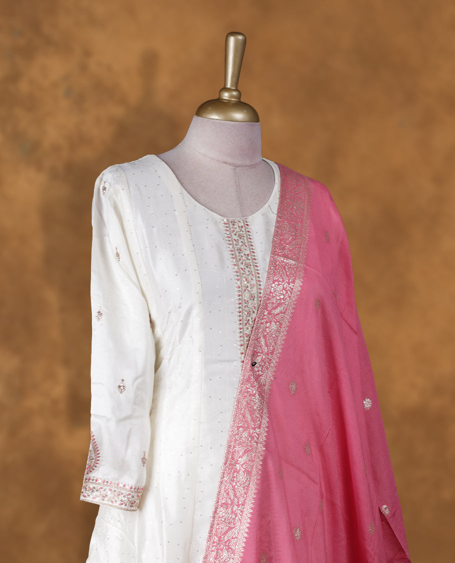Off white colour churidar set featuring thread embroidered & beats onneckline, sleeves, and thread embroidery on body , Paired with a matching dupatta