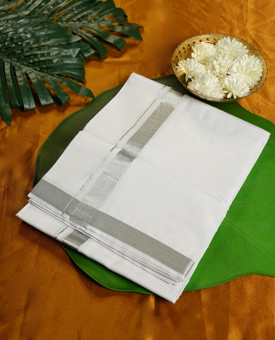 White Colour RAMRAJ Pure Cotton double Dhoti with Silver Colour Border for Men