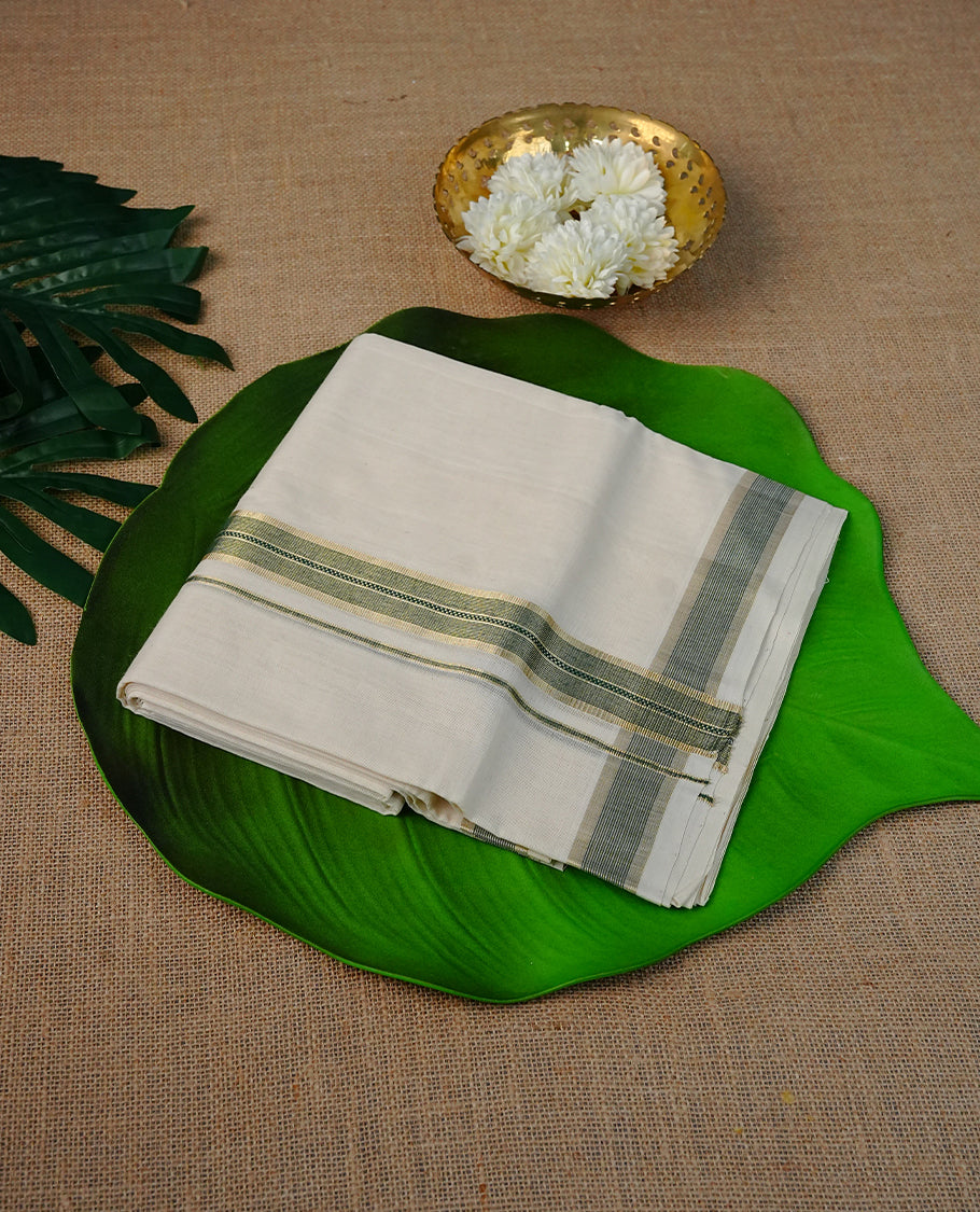 Cream Colour Cotton Double Dhoti Finished With A Classic Green , Gold Kara