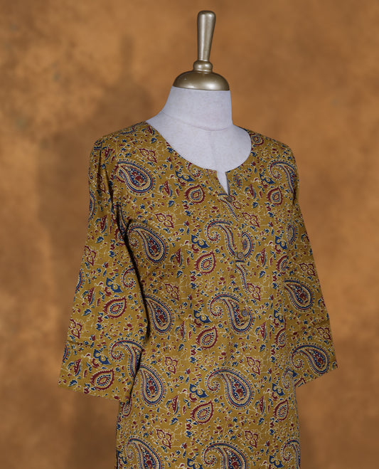 Olive colour kurti with styled with a print pattern across body, knee length design, and a sleeve .