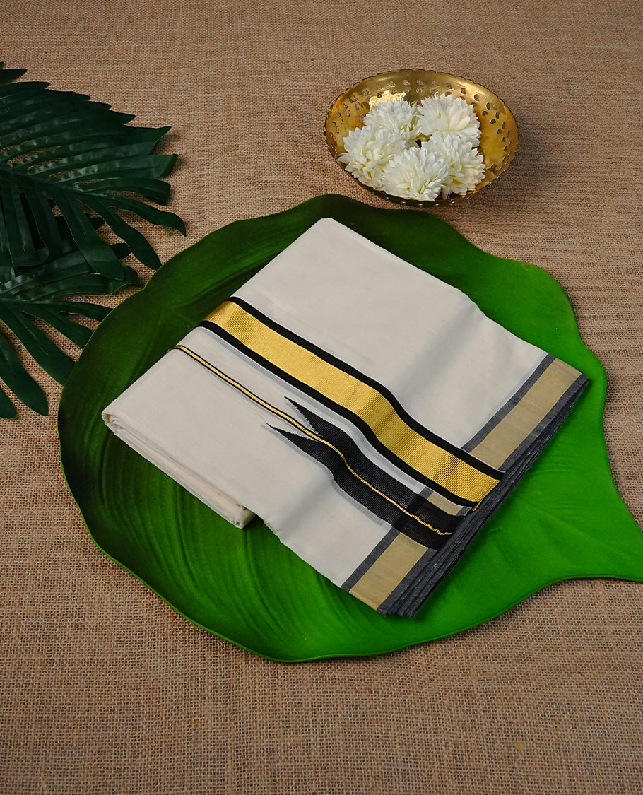 Cream  Colour Cotton Double Dhoti Finished With A Classic Black & Gold Kara
