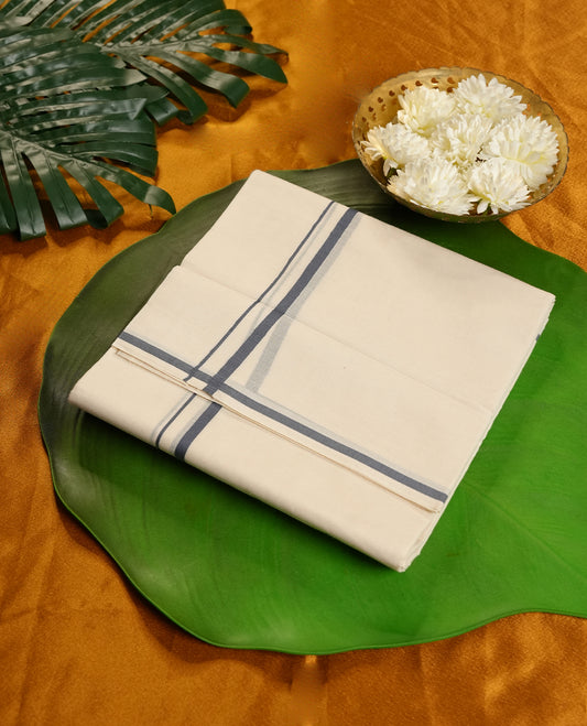 Cream Colour Pure Cotton double Dhoti with Dark blue Colour Border for Men