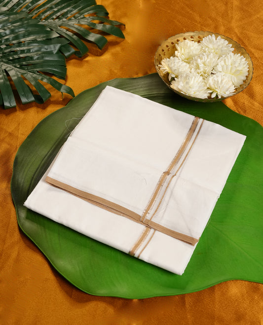 White Colour MINISTER WHITE Pure Cotton double Dhoti with Silver and gold Colour simple Border for Men