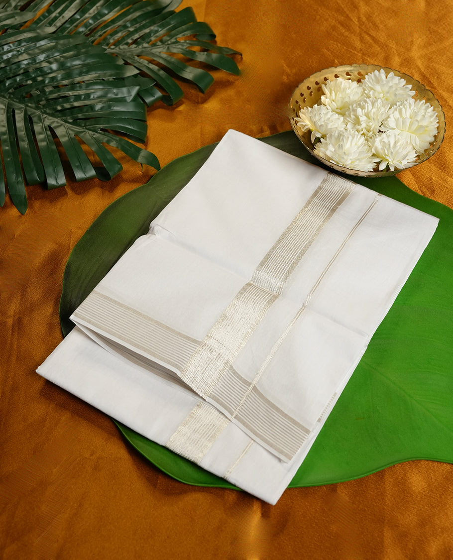White Colour Pure Cotton double Dhoti with gold silver Colour zari Border for Men