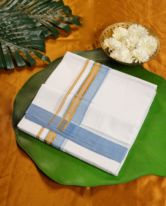 White Colour Pure Cotton double Dhoti with Light blue & gold Colour Border for Men