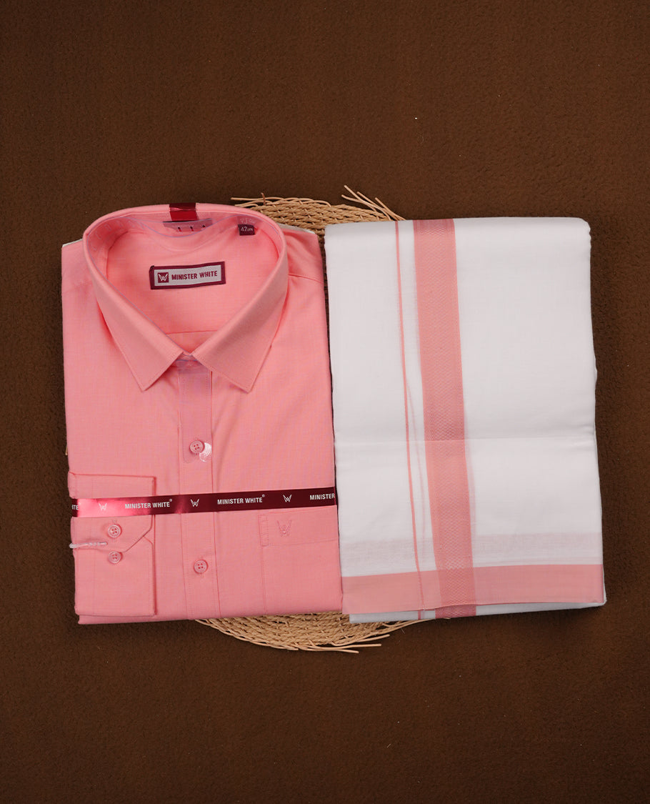 Candle light pink Colour  MINISTER WHITE shirt paired with a matching dhoti, finished with a candle lightPink colour border.
