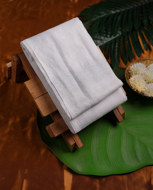White colour pure linen double Dhoti with Silver colour border for men