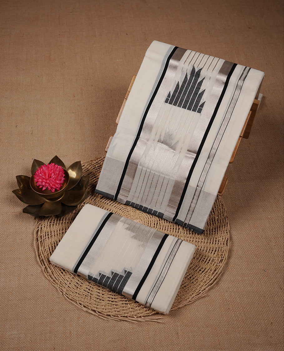 Off white colour pure cotton set mundu highlights rosegold and black zari geometric pattern border (2.00/2.80 MTS)