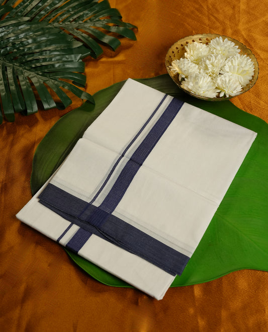 White Colour MINISTER WHITE Pure Cotton double Dhoti with Dark Blue Colour Border for Men