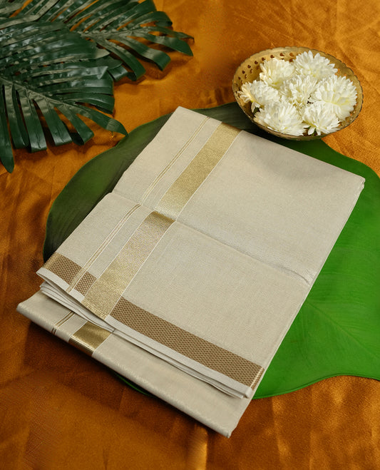 Light gold Colour MINISTER WHITE Pure Cotton double Dhoti with gold Colour Border for Men