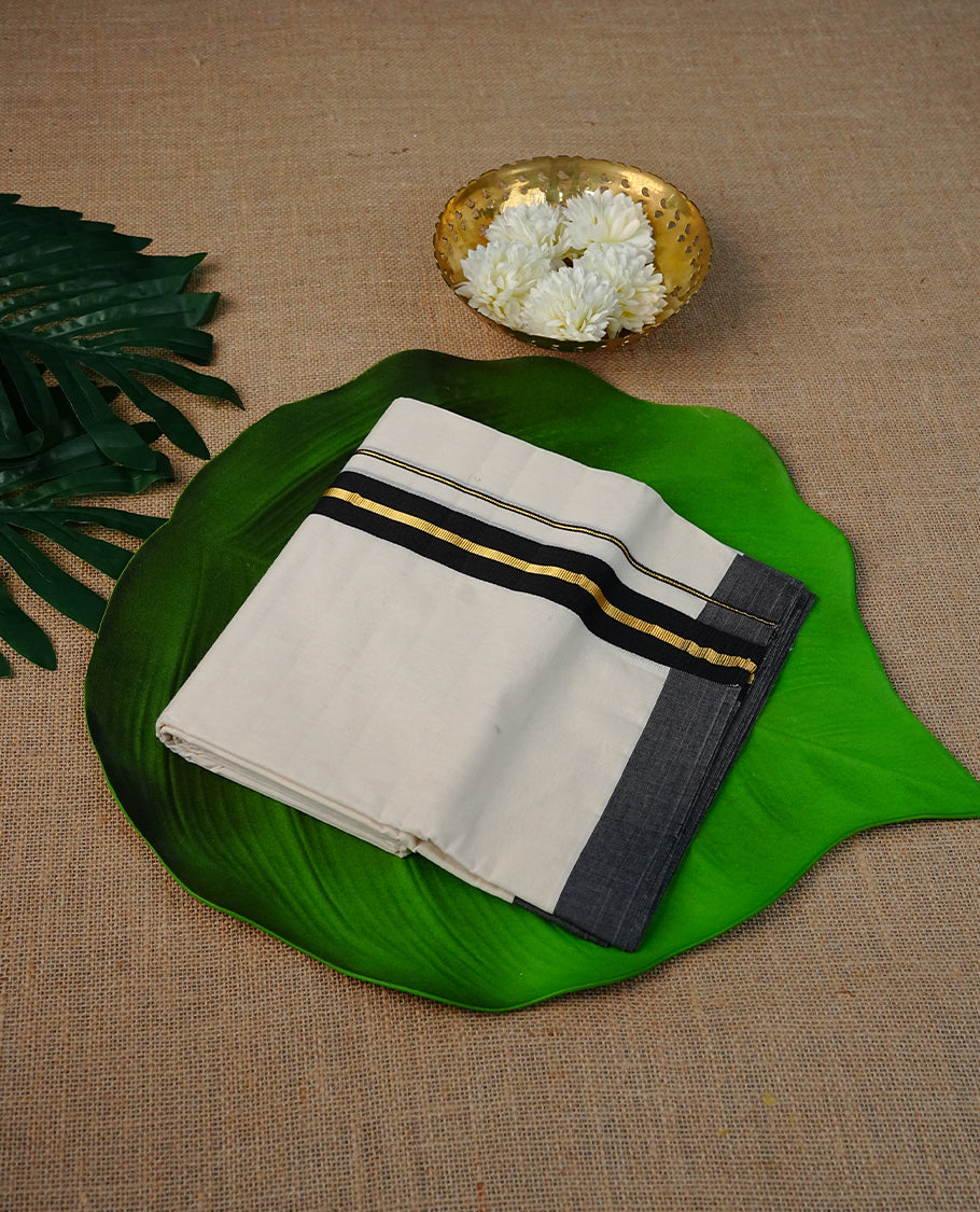 Cream Colour Cotton Double Dhoti Finished With Classic Black & Gold Kara
